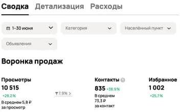 Сводка Авито за 1–30 июня: просмотры, контакты и расходы.